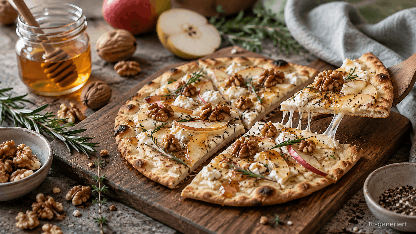 Flammkuchen mit Feta, Walnüssen und Honig