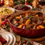 Weihnachtliches Glühweingulasch mit Printen und Orange Festliches Schmorgericht im Kerzenschein(1)