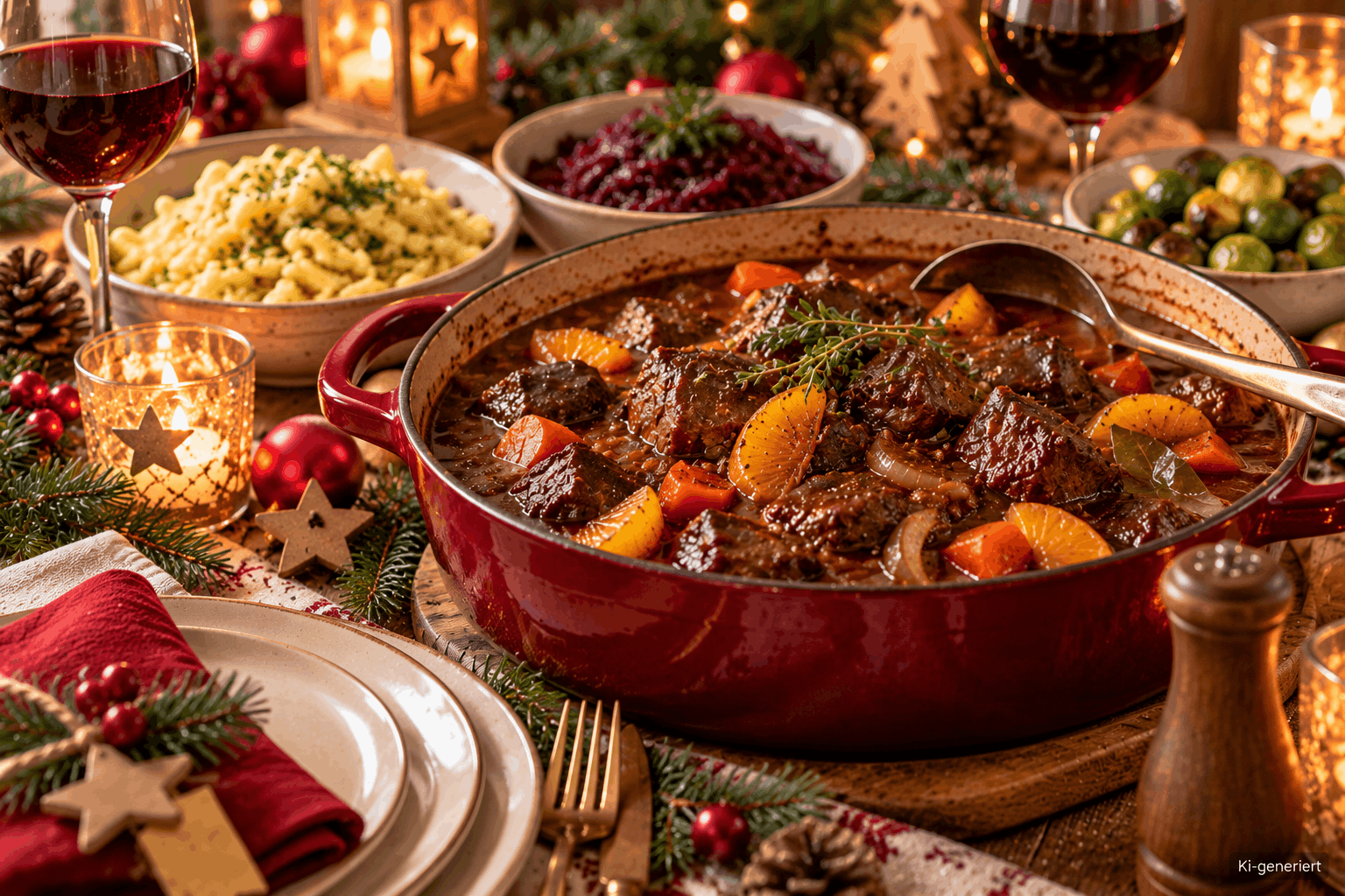 Weihnachtliches Glühweingulasch mit Printen und Orange